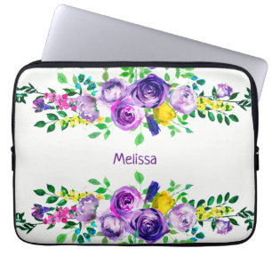 Black & White Stripes & Colourful Peonies Name Laptop Sleeve