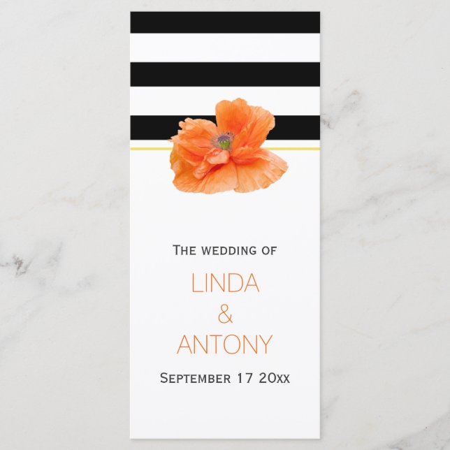 Black white stripes, coral poppy wedding program (Front)