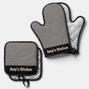Black White Stripes Design Oven Mitt & Pot Holder Set