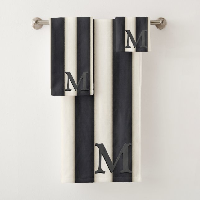 Black & White Stripes Dramatic 3-D Monogram Bath Towel Set (Insitu)