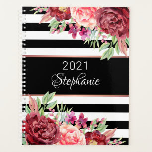 Black White Stripes Elegant Floral Personalized Planner