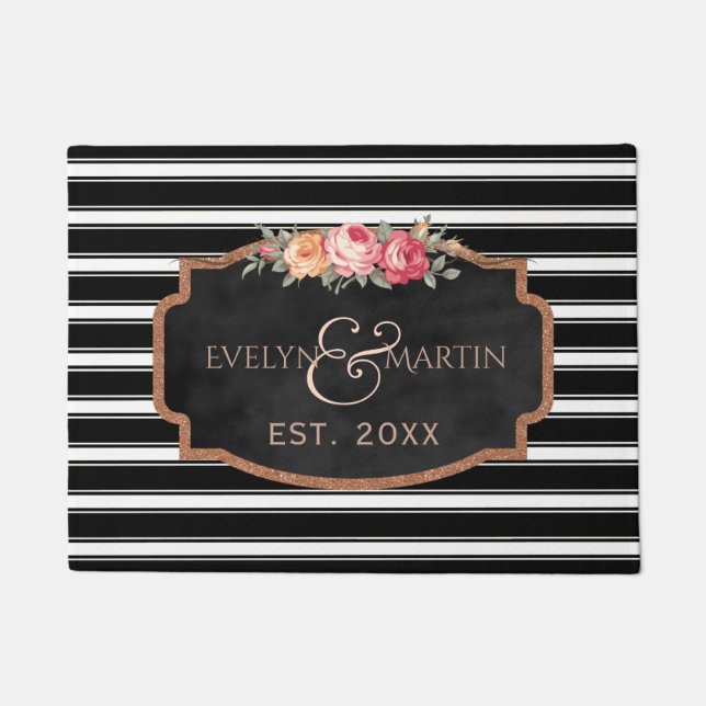 Black White Stripes | Elegant Monogram Name Year Doormat (Front)