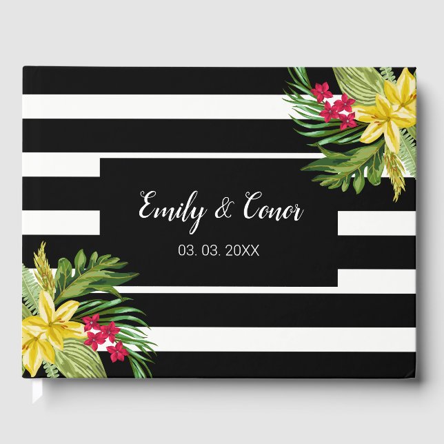 Black White Stripes Exotic Flowers Guest Book (Front)