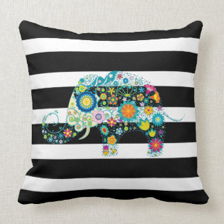 Black & White Stripes & Floral Elephant Throw Pillow