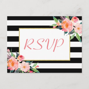 Black White Stripes Floral Gold Wedding RSVP Reply Invitation Postcard