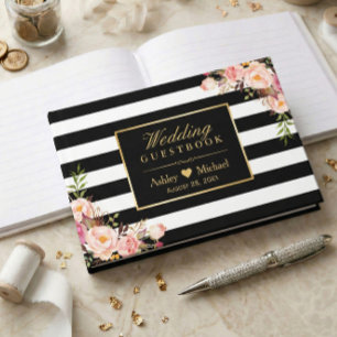 Black White Stripes Floral Wedding Guest book