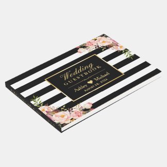Black White Stripes Floral Wedding Guest book