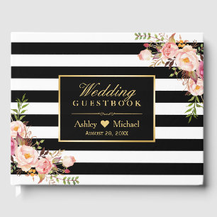 Black White Stripes Floral Wedding Guest book