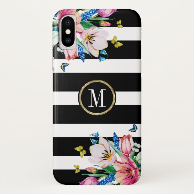 Black & White Stripes & Flowers & Butterflies Case-Mate iPhone Case (Back)