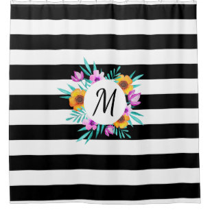 Black & White Stripes Flowers Custom Monogram