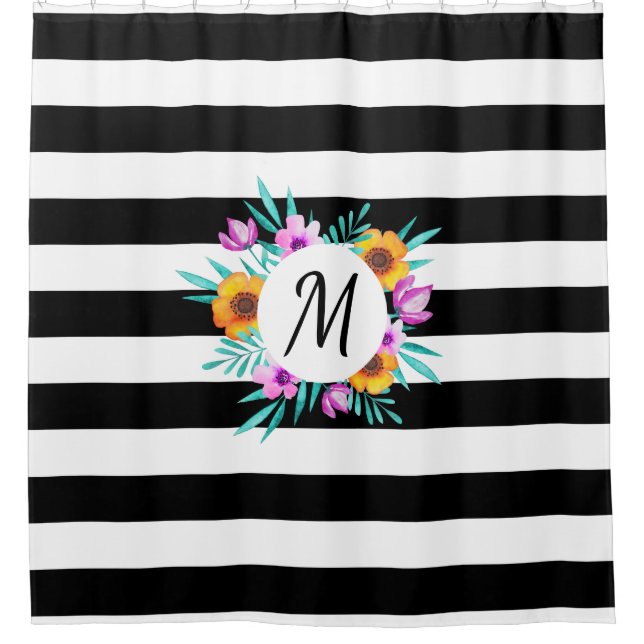 Black & White Stripes Flowers Custom Monogram (Front)