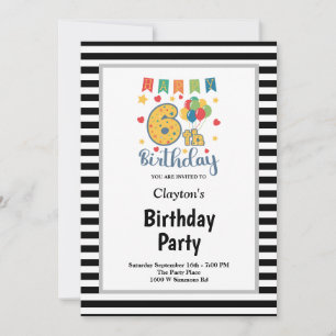 Black/White Stripes Framed 6th Birthday Party Invitation