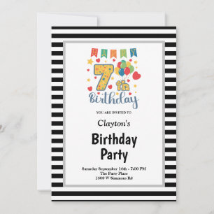 Black/White Stripes Framed 7th Birthday Party Invitation