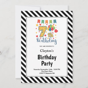 Black/White Stripes Framed 7th Birthday Party Invitation