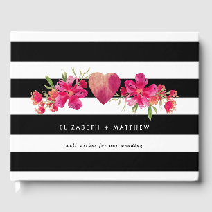 Black & White Stripes Fuchsia Floral Wedding Guest Book