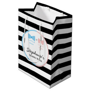 Black, White Stripes Gender Reveal Bow and Bow Tie Medium Gift Bag