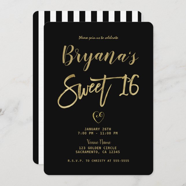 Black & White Stripes Gold Chic Modern Sweet 16  Invitation (Front/Back)