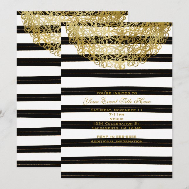 Black & White Stripes & Gold Circle Invitations (Front/Back)