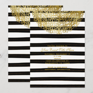 Black & White Stripes & Gold Circle Invitations