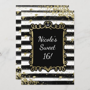 Black & White Stripes Gold Flakes Invitation de la