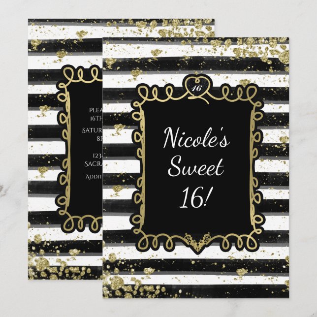 Black & White Stripes Gold Flakes Party Invitation (Front/Back)