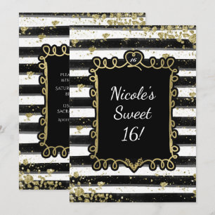 Black & White Stripes Gold Flakes Party Invitation