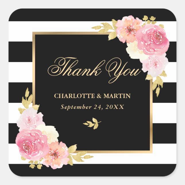 Black White Stripes Gold Floral Wedding Thank You Square Sticker (Front)