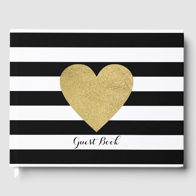Black & White Stripes Gold Foil Heart Guest Book (Front)
