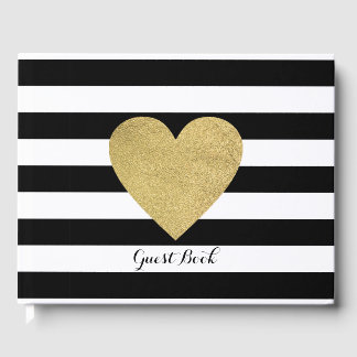 Black & White Stripes Gold Foil Heart Livre d'or