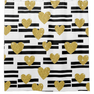 Black White Stripes Gold Hearts Pattern