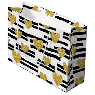Black White Stripes Gold Hearts Pattern Large Gift Bag