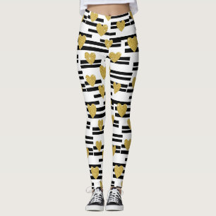 Black White Stripes Gold Hearts Pattern Leggings