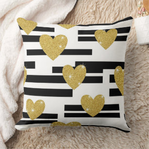 Black White Stripes Gold Hearts Pattern Throw Pillow