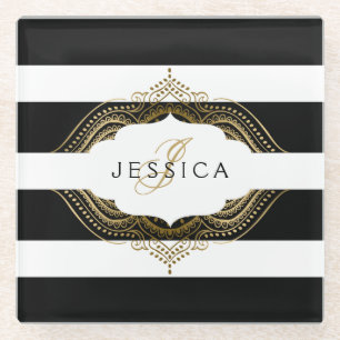 Black & White Stripes Gold Lace Frame Glass Coaster