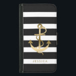 Black & White Stripes Gold Nautical Boat Anchor 2 Samsung Galaxy S5 Wallet Case<br><div class="desc">White and black stripes pattern with gold tones nautical boat anchor illustration. Customizable monogram. Adjustable anchor size.</div>