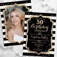 Black White Stripes Gold Photo 50th Birthday