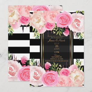 Black White Stripes Gold Pink Floral Wedding Invitation