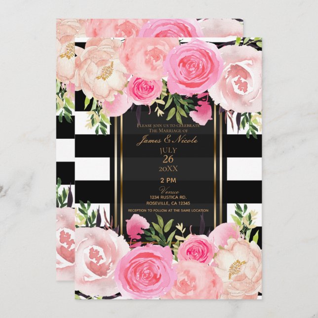Black White Stripes Gold Pink Floral Wedding Invitation (Front/Back)
