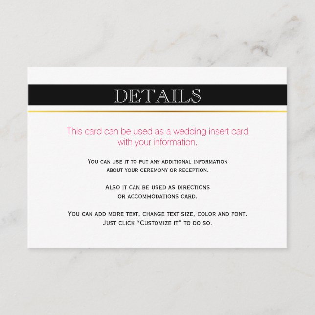 Black white stripes gold, pink wedding insert card (Front)