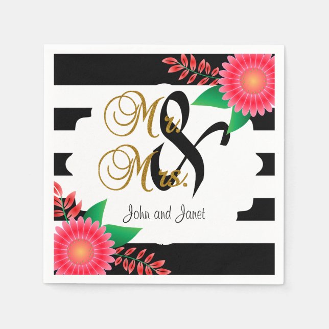 Black & White Stripes, Gold | Pink Wedding Napkin (Front)