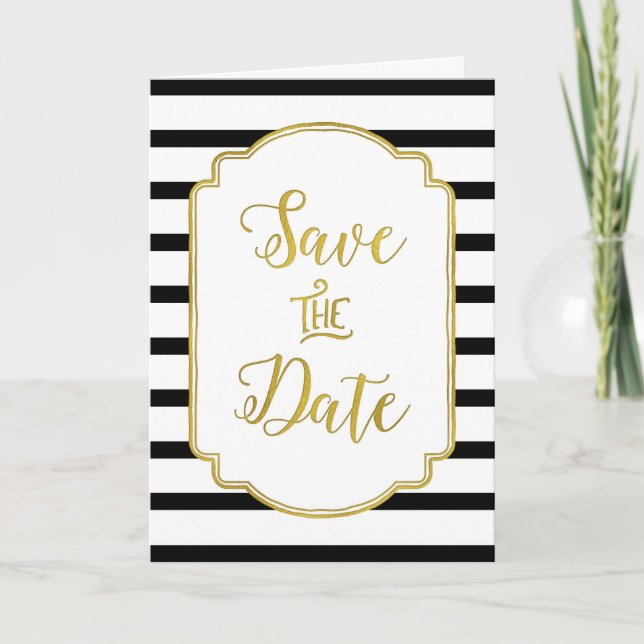 Black White Stripes Gold Save the Date Card (Front)