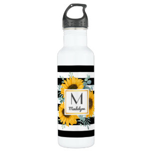 Black White Stripes Gold Sunflower Personalized 710 Ml Water Bottle