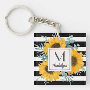 Black White Stripes Gold Sunflower Personalized Keychain