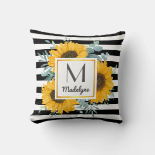 Black White Stripes Gold Sunflower Personalized Throw Pillow