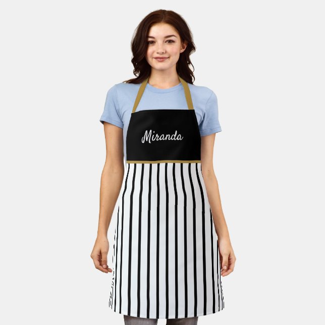 Black & White Stripes Gold Trim Personalized Apron (Worn)