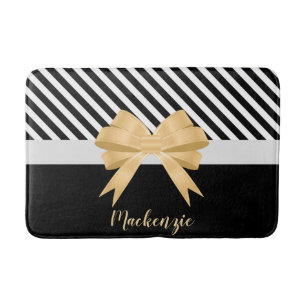 Black White Stripes Goldem Bow Bath Mat