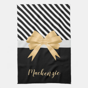 Black White Stripes Goldem Bow Kitchen Towel