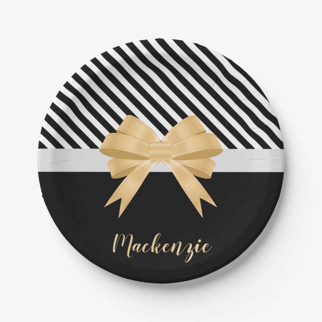 Black White Stripes Goldem Bow Paper Plate (Front)