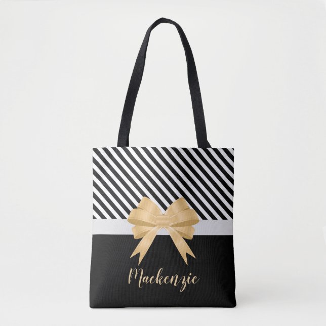 Black White Stripes Goldem Bow Tote Bag (Front)