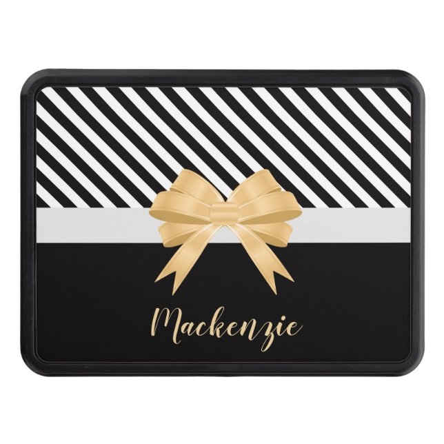 Black White Stripes Goldem Bow Trailer Hitch Cover (Front)